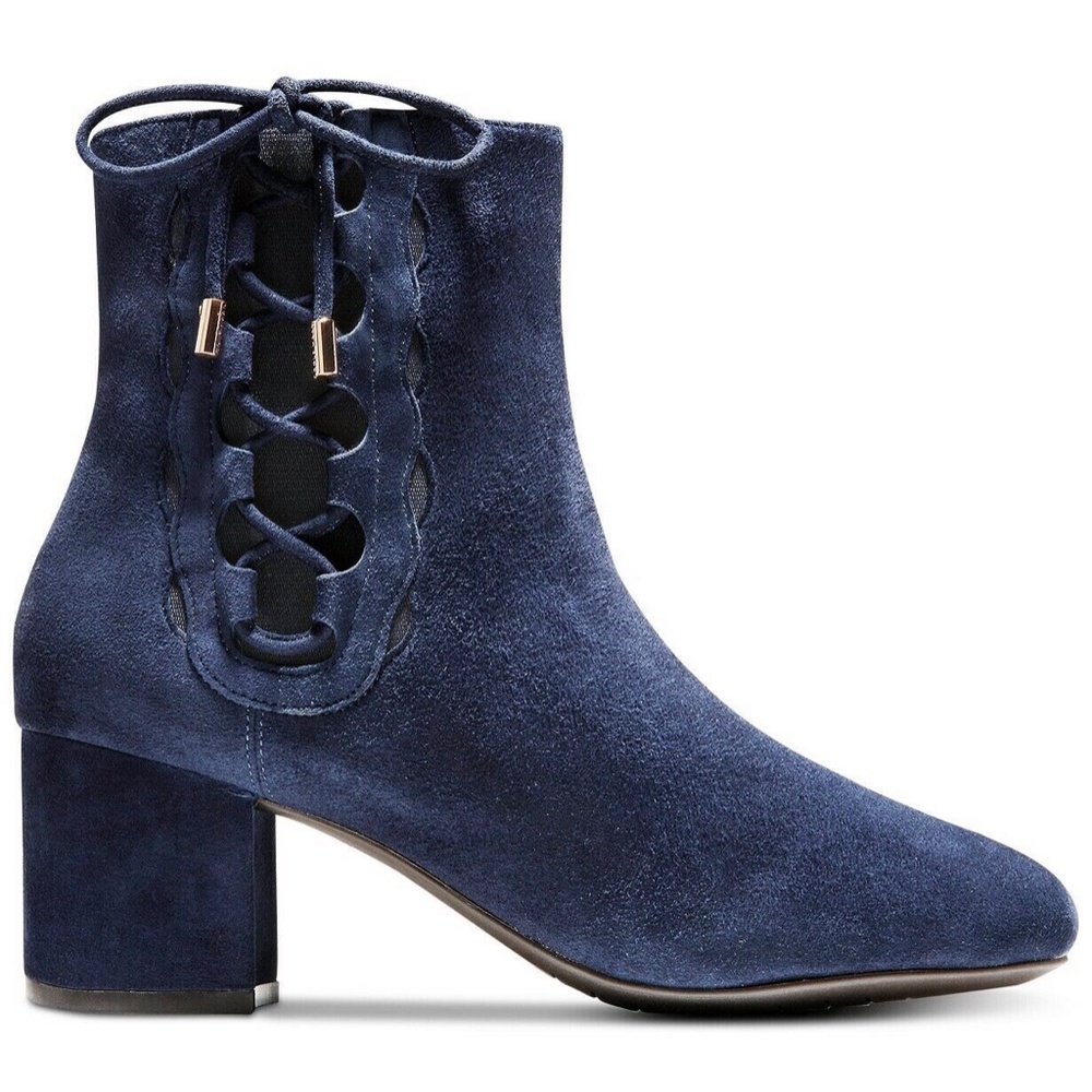 Cole Haan Leah Blue Suede Side Lace Up Suede Bootie Block Heel Fashion Boots 7 - Picture 4 of 9